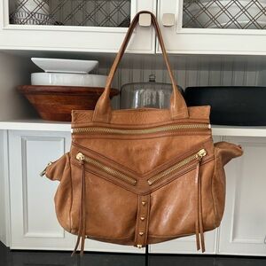 Bottler camel color leather satchel bag with gold tone hardware accents